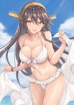  1girl bikini black_hair blue_sky breasts brown_eyes cleavage cloud commentary_request cowboy_shot frilled_bikini frills gensoukitan hair_ornament hairband hairclip haruna_(kancolle) highres horizon kantai_collection large_breasts leaning_forward long_hair looking_at_viewer ocean sky smile solo standing swimsuit towel white_bikini 