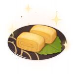  artist_request commentary english_commentary food food_focus genshin_impact leaf lowres no_humans official_art omelet plate sparkle still_life tamagoyaki third-party_source transparent_background 