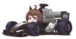  1girl agnes_tachyon_(umamusume) ahoge animal_ears brown_hair commentary formula_one highres horse_ears horse_girl mclaren pun racecar red_eyes sakusan_(ss-awesome) short_hair solo trait_connection umamusume 