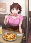  1girl ahoge breasts brown_eyes brown_hair brown_skirt cleavage commentary cowboy_shot cup drink drinking_straw eating eyebrows_visible_through_hair eyelashes food hair_ribbon holding holding_spoon jun_(seojh1029) looking_at_viewer medium_breasts miniskirt omurice open_mouth original pink_shirt plate red_ribbon restaurant ribbon shirt shirt_tucked_in short_hair short_sleeves sitting skirt solo spoon table towel twintails v-neck 