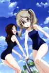  2girls :d :o absurdres ass bangs bare_shoulders black_ribbon blue_swimsuit breasts brown_eyes cloud competition_school_swimsuit eyebrows_visible_through_hair eyes_visible_through_hair flat_chest girls_und_panzer grey_hair hair_between_eyes hair_ribbon hairband highres looking_at_viewer magazine_scan medium_breasts megami_magazine megumi_(girls_und_panzer) multiple_girls official_art one-piece_swimsuit one_side_up open_mouth palm_tree pool_ladder poolside ribbon scan school_swimsuit shimada_arisu shiny shiny_hair sky smile swimsuit tree wang_guo_nian wet 