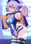  1girl araimooah bangs blue_bow blue_jacket blue_swimsuit bow breasts fate/grand_order fate_(series) front_zipper_swimsuit hair_between_eyes hair_bow highleg highleg_swimsuit jacket large_breasts long_hair looking_at_viewer meme_attire one-piece_swimsuit open_clothes open_jacket ponytail red_eyes revision short_sleeves silver_hair smile solo swimsuit thigh_strap thighs tomoe_gozen_(fate) tomoe_gozen_(swimsuit_saber)_(fate) two-tone_swimsuit white_swimsuit 