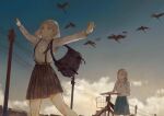  2girls bag belt bicycle bicycle_basket bird black_skirt blue_skirt bookbag ckr4.8_(shiren) cloud flock ground_vehicle light_brown_hair long_hair long_sleeves medium_hair multiple_girls original outdoors power_lines school_uniform shirt skirt suspenders white_shirt 