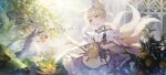  1girl absurdres animal_ears arknights bangs blonde_hair blue_dress blue_hairband blush chap_sal_! copyright_name dress food fox fox_ears fox_girl fox_tail fruit hairband head_tilt highres holding holding_watering_can huge_filesize looking_at_viewer multiple_tails off-shoulder_dress off_shoulder orange_(food) smile solo suzuran_(arknights) tail watering_can yellow_eyes 