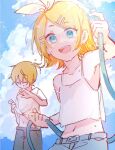  1boy 1girl aqua_eyes armpits bangs bare_arms bare_shoulders belt blonde_hair blue_sky bow closed_eyes closed_mouth cloud collarbone commentary day dripping flat_chest hair_bow hair_ornament hairclip highres holding holding_clothes holding_hose holding_shirt hose kagamine_len kagamine_rin looking_at_viewer mi_no_take midriff navel open_mouth outdoors shirt short_hair short_ponytail shorts sketch sky sleeveless sleeveless_shirt smile standing swept_bangs tank_top upper_body vocaloid water wet wet_clothes wet_hair white_bow white_tank_top wiping_face 