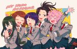  6+girls :&gt; :d ashido_mina asui_tsuyu audio_jack bangs black_hair black_legwear blazer blunt_bangs blush blush_stickers boku_no_hero_academia brown_hair closed_eyes closed_mouth collared_shirt colored_skin conga_line copyright_name eyebrows_visible_through_hair eyes_visible_through_hair green_hair hagakure_tooru hair_between_eyes hair_rings hands_on_another&#039;s_shoulders highres horns invisible jacket jirou_kyouka leg_up loafers long_earlobes long_hair long_sleeves looking_back low-tied_long_hair multiple_girls necktie nns146 open_mouth pink_hair pink_skin pleated_skirt ponytail purple_hair red_neckwear school_uniform shirt shoes short_hair sidelocks simple_background skirt smile sweatdrop u.a._school_uniform upper_teeth uraraka_ochako yaoyorozu_momo 