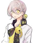 1boy asa_no_ha_(pattern) bell braid commentary grey_hair hair_bell hair_ornament iori_yuzuru ishitsuki_(_0101_831) light_blush looking_at_viewer male_focus neck_bell necktie parted_lips shirt simple_background solo upper_body voiceroid white_background white_shirt yellow_eyes 