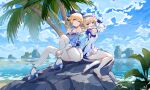 2girls absurdres barbara_(genshin_impact) barbara_(summertime_sparkle)_(genshin_impact) bare_shoulders barefoot beach blonde_hair blouse blue_blouse blue_eyes blue_sky bow coconut_tree drill_hair feet frilled_skirt frills full_body genshin_impact hair_bow hat high_heels highres jean_(genshin_impact) jean_(sea_breeze_dandelion)_(genshin_impact) legs long_sleeves multiple_girls ocean open_mouth outdoors palm_tree ponytail rock sailor_collar sailor_hat sandals shorts siblings sisters sitting skirt sky smile soles swimsuit toes tree twin_drills twintails white_shorts wucanming 