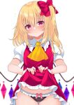  1girl :&lt; ascot bangs black_panties blonde_hair blurry blush bow bow_panties breasts closed_mouth clothes_lift commentary_request cowboy_shot crystal depth_of_field eyebrows_visible_through_hair flandre_scarlet flying_sweatdrops frilled_shirt_collar frills hair_between_eyes hair_bow holding holding_clothes long_hair looking_at_viewer no_hat no_headwear one_side_up panties petticoat puffy_short_sleeves puffy_sleeves red_bow red_skirt red_vest short_sleeves simple_background skirt skirt_lift small_breasts solo tosakaoil touhou underwear vest white_background wings yellow_neckwear 