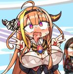  2girls ahegao ahoge blonde_hair blurry blush bow breasts cleavage cleavage_cutout clothing_cutout depth_of_field diagonal-striped_bow double_v dragon_horns drooling hairband hololive horn_bow horn_ornament horns kanikama kiryu_coco large_breasts long_hair lowres multicolored_hair multiple_girls open_mouth orange_hair pointy_ears purple_eyes roboco-san saliva streaked_hair sweat tongue tongue_out two-tone_hair upper_body v virtual_youtuber 
