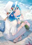  1girl animal bag bangs beach blue_eyes blue_hair blue_nails commentary crab dress eyebrows_visible_through_hair flower from_above from_behind grin hat hat_flower highres holding hyuuga_azuri looking_at_viewer looking_up nail_polish off-shoulder_dress off_shoulder original red_flower sand sandals seashell shell short_sleeves smile solo squatting starfish symbol-only_commentary toenail_polish toenails water white_dress white_flower white_footwear white_headwear 
