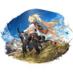  1girl black_gloves black_pants blonde_hair boots carabiner cloud cloudy_sky fingerless_gloves full_body fur-trimmed_jacket fur_trim girls&#039;_frontline girls&#039;_frontline_neural_cloud gloves grass highres jacket jacket_on_shoulders knee_pads long_hair midriff mountain navel official_art orange_jacket outdoors pants ponytail shirt short_sleeves single_knee_pad sky sol_(girls&#039;_frontline_nc) solo sword t-shirt tent transparent_background very_long_hair weapon white_shirt yellow_eyes 