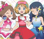  3girls :d ;d bangs blue_dress blue_eyes blush bow brown_hair buttons choker commentary_request crescent crescent_hair_ornament dawn_(pokemon) dress eyelashes gloves grey_eyes grin hair_bow hair_ornament hand_up holding holding_poke_ball long_hair looking_at_viewer may_(pokemon) midriff multiple_girls one_eye_closed open_mouth pink_bow poke_ball pokemon pokemon_(anime) pokemon_(game) pokemon_oras pokemon_rse_(anime) pokemon_swsh_(anime) pokemon_xy_(anime) sasairebun serena_(pokemon) skirt sleeveless sleeveless_dress smile teeth tongue twitter_username v white_gloves 