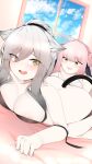  2girls @_@ absurdres animal_ear_fluff animal_ears areola_slip areolae arknights bed blue_hair bra breasts cat_ears cat_tail ceylon_(arknights) cleavage cloud cloudy_sky commentary dated_commentary double_bun eyebrows_visible_through_hair feather_hair grey_hair highres large_breasts long_hair looking_at_another looking_at_viewer multiple_girls open_mouth panties panty_pull pink_hair ponytail samip schwarz_(arknights) sky tail teeth underwear underwear_only untied_bra very_long_hair white_bra window yellow_eyes yuri 