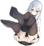  1girl ass bangs black_legwear black_skirt blue_eyes blush closed_mouth commentary feet foot_focus hair_ornament hairclip hands_on_own_ass highres hood hood_down hoodie legs long_sleeves looking_at_viewer no_shoes original otokuyou panties pleated_skirt ringo-chan_(otokuyou) simple_background sketch skirt solo thighhighs toes underwear white_background white_hair white_hoodie white_panties 