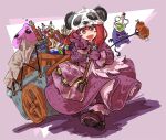  1girl :3 :d arrow_(projectile) bag bangs blush blush_stickers boned_meat brown_eyes brown_hair commentary_request commission demon deviruchi fang food full_body gloves long_hair looking_at_viewer meat merchant_(ragnarok_online) open_mouth panda_hat pekomaru poring potion pullcart purple_footwear purple_gloves purple_legwear purple_skirt purple_vest quiver ragnarok_online shoes skeb_commission skin_fang skirt slime_(creature) smile sword tarpaulin v vest vial weapon 