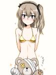  1girl bikini blush boko_(girls_und_panzer) breasts brown_eyes closed_mouth collarbone eyebrows_visible_through_hair girls_und_panzer grey_hair hair_ornament hairband looking_at_viewer navel oosaka_kanagawa shimada_arisu shiny shiny_hair simple_background small_breasts smile solo stuffed_toy swimsuit upper_body white_background yellow_bikini 