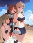  3girls ahoge bangs beach beach_umbrella bikini bikini_skirt black_bikini black_skirt blonde_hair breasts chagen_kokimu cleavage closed_eyes cloud day food hair_flaps hair_ornament hairband hairclip holding holding_spoon kantai_collection kawakaze_(kancolle) large_breasts light_brown_hair long_hair multiple_girls murasame_(kancolle) ocean open_mouth outdoors pointy_ears red_eyes red_hair remodel_(kantai_collection) sailor_bikini sailor_collar sarong scarf shaved_ice signature skirt sky spoon swimsuit takoyaki twintails umbrella white_sarong white_scarf yuudachi_(kancolle) 