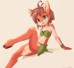  1girl absurdres ancesra animal_ears animal_nose antenna_hair arm_support artist_name bandeau bangs barefoot beige_background blush body_fur brown_hair collarbone commentary deer_ears deer_girl deer_tail elora_(spyro) english_commentary flat_chest furry furry_female green_eyes green_skirt happy highres hooves leaf_clothing leaning_back leg_up light_blush looking_at_viewer miniskirt navel open_mouth patreon_username red_fur revealing_clothes shiny shiny_hair short_hair sidelocks simple_background sitting skirt smile solo spyro_(series) stomach tail tongue two-tone_fur watermark web_address white_fur wristband 