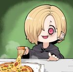  1girl :d bags_under_eyes blonde_hair chibi ear_piercing earrings failure idolmaster idolmaster_cinderella_girls jewelry open_mouth piercing pizza_slice shirasaka_koume smile solo symbol-only_commentary takato_kurosuke upper_body wide-eyed 