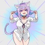  1girl :d ahoge aikohgin alternate_costume animal_ears bottomless breast_pocket breasts button_gap cat_choker cat_ears cat_girl cat_tail cleavage cowboy_shot dress_shirt eyelashes fang fingernails hands_up highres holding holding_hair hololive large_breasts looking_at_viewer multicolored_hair nekomata_okayu no_bra official_alternate_costume open_mouth partially_unbuttoned pocket purple_eyes purple_hair shiny shiny_hair shirt sidelocks smile solo tail thighs two-tone_hair virtual_youtuber white_shirt 