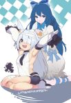  2girls animal_ears argyle argyle_background armpits arms_up bandage_over_one_eye bandaged_leg bandages bike_shorts black_shorts blue_eyes blue_hair boots bow breasts comb combing copyright_name doll_joints dress ear_tag elbow_gloves gloves hair_bow highres joints kneeling leg_ribbon little_witch_nobeta long_hair monica_(little_witch_nobeta) multiple_girls open_mouth rabbit_ears ribbon sakurami_sumi sharp_teeth short_shorts shorts sitting small_breasts smile tabard tania_(little_witch_nobeta) teeth thighs white_background white_dress white_footwear white_gloves white_tabard 