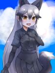  1girl adjusting_clothes adjusting_necktie animal_ears aramaru black_gloves black_neckwear black_skirt blue_shirt blush cloud collared_shirt commentary_request cowboy_shot elbow_gloves extra_ears fox_ears fox_girl fox_tail gloves highres kemono_friends necktie nose_blush open_mouth orange_eyes pleated_skirt shirt short_sleeves silver_fox_(kemono_friends) skirt sky solo summer sweat sweatdrop t-shirt tail tongue tongue_out 