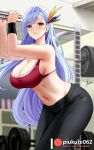  1girl azur_lane bangs blush breasts cleavage eyebrows_visible_through_hair gym gym_pants hair_ornament highres large_breasts long_hair looking_at_viewer navel pants piukute062 sideboob silver_hair solo sports_bra stomach sweat swept_bangs thighs ticonderoga_(azur_lane) tight tight_pants wristband 