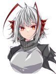  1girl arknights bangs black_jacket breasts commentary cropped_arms cropped_torso grey_hair grey_scarf highres horns jacket long_sleeves looking_at_viewer medium_breasts multicolored_hair open_clothes open_jacket red_eyes red_horns scarf shirt simple_background solo suterii upper_body w_(arknights) white_background white_shirt 