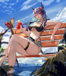  1girl absurdres arknights armpits bangs bare_arms bare_shoulders bench bikini bird black_bikini blue_hair blue_sky breasts ch&#039;en_(arknights) ch&#039;en_the_holungday_(arknights) cleavage closed_mouth cloud commentary crazy_straw crossed_legs cup day dragon_girl dragon_horns dragon_tail drinking_glass drinking_straw eyebrows_visible_through_hair feet_out_of_frame gradient_hair highleg highleg_bikini highres holding holding_cup horns large_breasts long_hair looking_at_viewer mkt_(pixiv15187870) multicolored_hair navel ocean on_bench outdoors park_bench parrot purple_hair red_eyes sitting sky solo stomach swimsuit tail thigh_strap underboob 