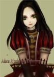  1girl 302lion alice:_madness_returns alice_(alice_in_wonderland) american_mcgee&#039;s_alice black_hair closed_mouth dress gloves green_eyes heart jupiter_symbol long_hair looking_at_viewer puffy_sleeves simple_background solo 