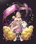  1girl bikini black_background blonde_hair bow braid briar_rose_(sinoalice) cape closed_mouth crown doll flag flower fur_trim green_eyes highres holding holding_weapon looking_at_viewer nagi_(nightmare-cat) petals plant race_queen rose short_hair simple_background sinoalice sitting smile solo swimsuit thorns vines weapon yellow_flower yellow_rose 
