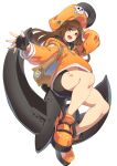  1girl :d anchor asutora bike_shorts black_gloves black_shorts brown_eyes brown_hair commentary fingerless_gloves full_body gloves guilty_gear guilty_gear_strive jacket long_hair long_sleeves looking_at_viewer may_(guilty_gear) open_mouth orange_footwear orange_headwear orange_jacket shoes shorts simple_background smile solo white_background 