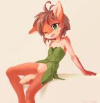  1girl absurdres ancesra animal_ears animal_nose antenna_hair arm_support artist_name bangs bare_shoulders beige_background blush body_fur brown_hair collarbone commentary deer_ears deer_girl deer_tail dress elora_(spyro) english_commentary flat_chest furry furry_female green_dress green_eyes happy highres leaf_clothing leaning_back light_blush looking_at_viewer no_panties one_eye_closed open_mouth patreon_username pussy red_fur shiny shiny_hair short_dress short_hair sidelocks simple_background sitting smile solo spyro_(series) strapless strapless_dress tail tongue two-tone_fur uncensored watermark web_address white_fur 