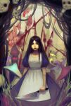  1girl alice:_madness_returns alice_(alice_in_wonderland) american_mcgee&#039;s_alice apron black_hair blood breasts castle closed_mouth dress highres knife lipstick long_hair looking_at_viewer makeup mushroom puffy_sleeves solo wei_li 