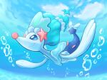  air_bubble blue_eyes bubble closed_mouth cloud commentary_request day from_below full_body gen_7_pokemon highres kico_(iskico) no_humans outstretched_arms pokemon pokemon_(creature) primarina sky smile solo underwater white_eyelashes 