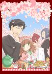  1girl 2boys alfred_(papakoi) bangs black_hair blue_hair blunt_bangs blush book brown_hair cherry_blossoms child closed_eyes cookie cup flower food formal glasses green_eyes hairband hand_on_own_chin head_rest highres holding holding_book holding_cup honey kinoshita_sakura koisuru_ojou-sama_wa_papa_to_yobitakunai lolita_fashion lolita_hairband long_hair multiple_boys official_art outdoors pancake petals pink_flower puffy_sleeves reading sakaki_karen short_hair sitting sitting_on_lap sitting_on_person smile stack_of_pancakes suit sweet_lolita tea teacup teapot waiter wavy_hair yahiro_masamune 