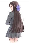  1girl bangs bow brown_hair cowboy_shot crossed_arms from_behind grey_jacket grey_skirt hair_bow hair_ornament jacket long_hair looking_at_viewer omsubi parted_lips pleated_skirt purple_bow red_eyes school_uniform seishou_music_academy_uniform shoujo_kageki_revue_starlight sidelocks signature simple_background skirt solo swept_bangs tendou_maya tsurime very_long_hair white_background x_hair_ornament 