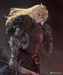  1girl armor black_armor blonde_hair blood blood_in_hair blood_on_clothes blood_on_face blood_on_weapon blue_eyes breastplate commentary_request commission cowboy_shot embers flower gauntlets hair_between_eyes highres holding holding_flower holding_sword holding_weapon knight long_hair original plate_armor pointy_ears robusta_mania smoke solo standing sword twitter_logo twitter_username watermark weapon 