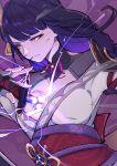  1girl armor bangs blood blood_on_face braid breasts bridal_gauntlets cleavage closed_mouth commentary_request cuts electricity eyebrows_visible_through_hair flower genshin_impact hair_ornament highres holding holding_sword holding_weapon injury japanese_clothes kimono large_breasts light_in_heart long_hair mitsudomoe_(shape) purple_background purple_eyes purple_flower purple_hair raiden_(genshin_impact) ribbon sash shoulder_armor simple_background solo sword tomoe_(symbol) weapon yuzibushijiang 