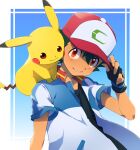  1boy ameiro_pk ash_ketchum bangs baseball_cap black_gloves black_shirt blush border commentary fingerless_gloves gen_1_pokemon gloves green_hair hair_between_eyes hand_up hat highres jacket male_focus on_shoulder open_clothes open_jacket outside_border parted_lips pikachu pokemon pokemon_(anime) pokemon_(creature) pokemon_m21 pokemon_on_shoulder red_headwear shirt short_hair short_sleeves smile upper_body white_border 