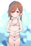  1girl :o ass_visible_through_thighs bangs bare_arms bare_shoulders bikini blurry blurry_background blush brown_hair collarbone depth_of_field eyebrows_visible_through_hair flat_chest hair_between_eyes hair_ornament hair_scrunchie highres long_hair looking_at_viewer low_ponytail meito_(maze) original parted_lips pink_bikini pink_scrunchie ponytail red_eyes scrunchie solo standing swimsuit 