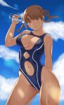  1girl ass_visible_through_thighs bangs bare_arms blue_sky blue_swimsuit blush bottle braid breasts brown_eyes brown_hair cleavage cleavage_cutout clothing_cutout cloud cutout_above_navel dead_or_alive highleg highleg_swimsuit highres holding holding_bottle lei_fang looking_at_viewer medium_breasts navel_cutout one-piece_swimsuit outdoors popo_agaga sky smile solo sunlight swimsuit thighhighs twin_braids water_bottle wet wet_clothes wet_swimsuit 