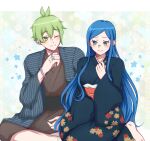  1boy 1girl amami_rantarou blue_eyes blue_hair commentary danganronpa_(series) danganronpa_v3:_killing_harmony donutous floral_background glasses green_eyes green_hair japanese_clothes jewelry kimono looking_at_another one_eye_closed ring shirogane_tsumugi sitting smile symbol-only_commentary yukata 