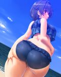  1girl ass beach bikini black_hair breasts cloud cowboy_shot day dd_(ijigendd) deep_skin frilled_bikini frills hair_flaps highres horizon jingei_(kancolle) kantai_collection large_breasts long_hair looking_at_viewer looking_back low_ponytail ocean red_eyes self_fondle shiny shiny_skin smile solo swimsuit 