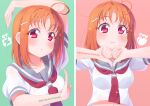  1girl ahoge alternate_hairstyle breasts commentary_request duplicate hair_ornament kitahara_tomoe_(kitahara_koubou) love_live! love_live!_sunshine!! medium_breasts multiple_views orange_hair pixel-perfect_duplicate red_eyes school_uniform short_hair short_sleeves takami_chika twitter_username upper_body uranohoshi_school_uniform 