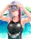  1girl admiral_graf_spee_(azur_lane) alternate_costume azur_lane bangs blue_eyes breasts closed_mouth commentary_request competition_swimsuit day eyebrows_visible_through_hair frown goggles goggles_on_head head_tilt highres iron_cross looking_at_viewer multicolored_hair one-piece_swimsuit one_eye_closed oriue_wato outdoors pool red_hair short_hair sidelocks silver_hair small_breasts solo streaked_hair sunlight swimsuit two-tone_hair wet 