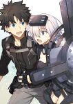  1boy 1girl armor armored_dress bangs black_armor black_gloves black_hair black_shirt blue_eyes breasts commentary_request eyebrows_visible_through_hair fate/grand_order fate_(series) fingerless_gloves fujimaru_ritsuka_(male) gloves grey_pants hair_over_one_eye highres holding holding_hands holding_shield holding_weapon looking_at_another mash_kyrielight medium_breasts nikame one_eye_covered open_mouth ortenaus pants pink_hair pointy_hair polar_chaldea_uniform purple_eyes shield shirt short_hair signature smile uniform weapon 