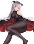  1girl absurdres aegir_(azur_lane) azur_lane bare_shoulders beijiushui black_cape black_gloves black_legwear bodystocking breast_curtains breasts cape cleavage cross-laced_clothes demon_horns gloves hair_on_horn hand_on_own_ass highres horns iron_cross large_breasts long_hair looking_at_viewer multicolored_hair pantyhose simple_background skin_tight solo underbust white_background white_hair yellow_eyes 
