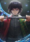  1boy artist_name bangs belt belt_buckle black_hair black_pants black_shirt blue_butterfly blue_eyes buckle bug butterfly cheesewoo closed_mouth engraved expressionless gakuran haori highres holding holding_sword holding_weapon insect jacket japanese_clothes katana kimetsu_no_yaiba long_hair looking_at_viewer male_focus multicolored multicolored_clothes multicolored_jacket pants scabbard school_uniform sheath shirt solo sword tomioka_giyuu translation_request unsheathing upper_body water weapon 